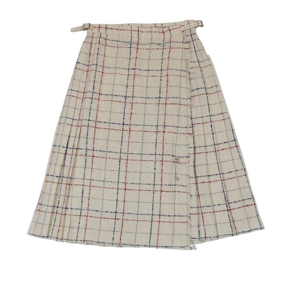 Vintage JANE DUNCAN Plaid Pleated Wrap Skirt Size 0 Cream Red Blue Academia - Picture 1 of 6
